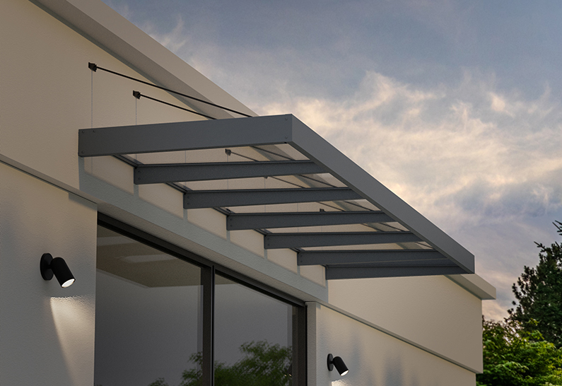 Sophia XL Door Awning Kit -140cm x 565cm Grey Structure & Clear Panels - Image 2